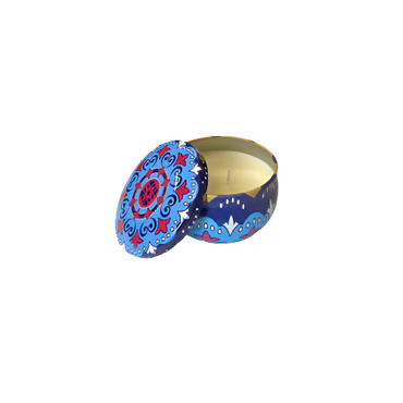 Scented candle in a metal jar with decorative printed design, 5 × 4 cm